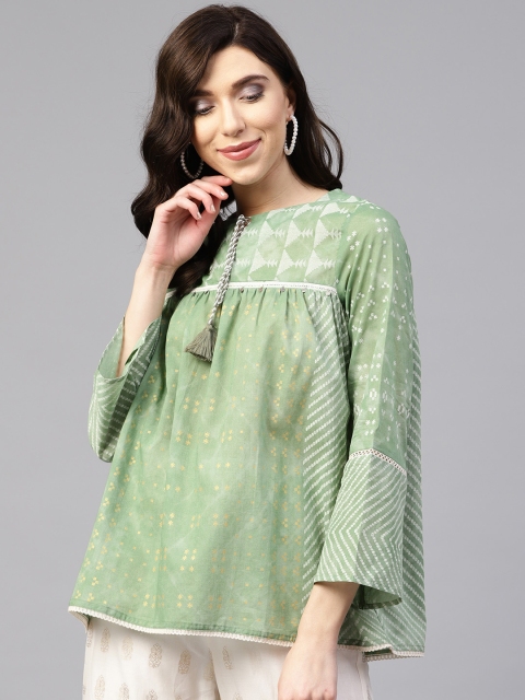 

W Women Green & White Printed A-Line Top