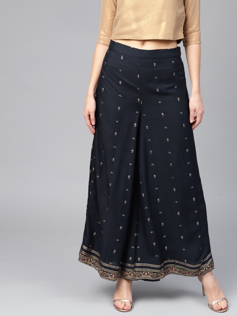 

W Women Navy Blue Printed Flared Palazzos