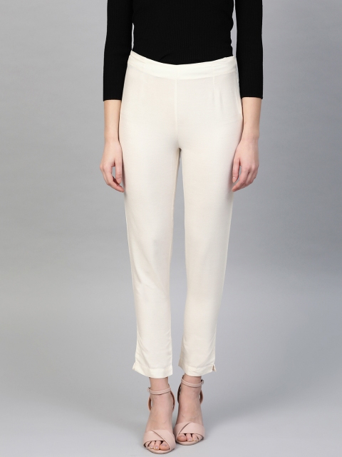 

WISHFUL by W Women Off-White Regular Fit Solid Cropped Trousers