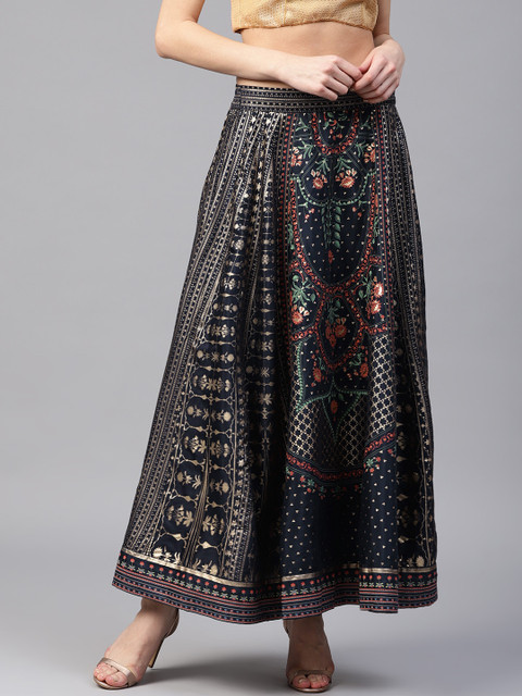 

W Women Navy Blue & Golden Printed Maxi Flared Skirt