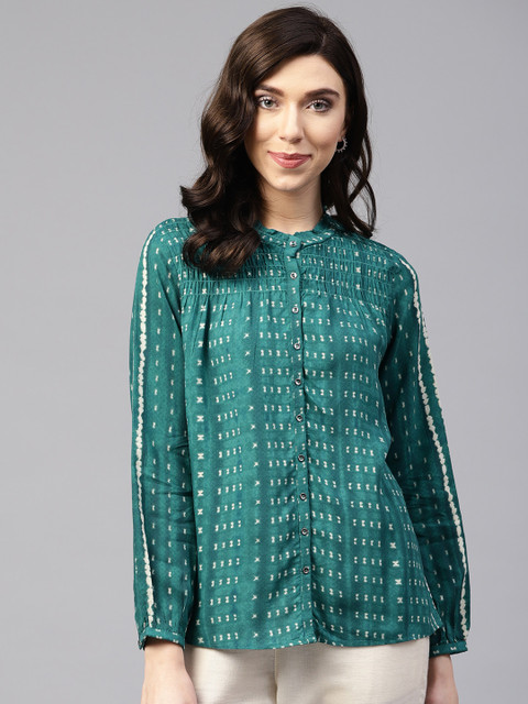 

W Women Teal Green & Off-White Printed Shirt Style Top
