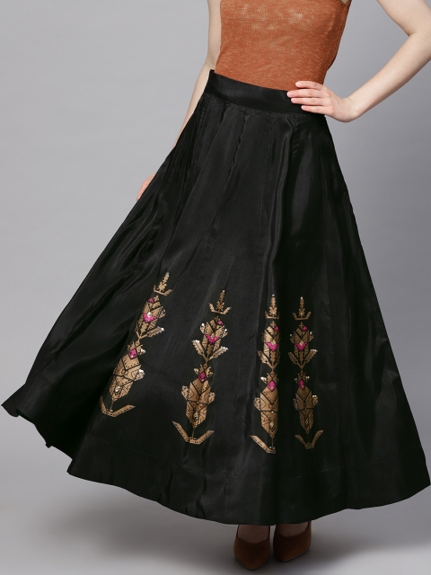 

W Black Printed Maxi Flared Skirt with Sequinned Detail