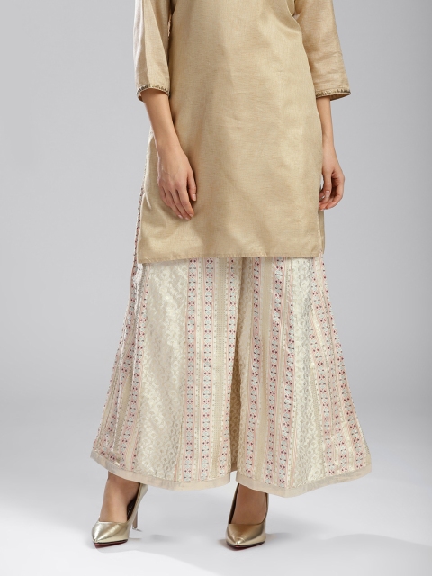 

W Women Beige & Golden Printed Flared Palazzos