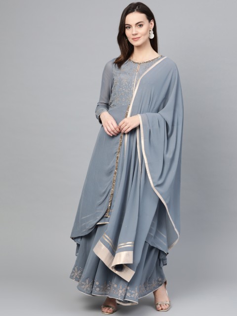 

Wishful by W Women Grey & Golden Embroidered Kurta with Skirt & Dupatta
