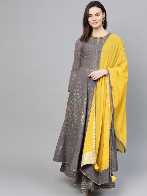 

Wishful by W Women Grey & Yellow Printed Kurta with Palazzos & Dupatta
