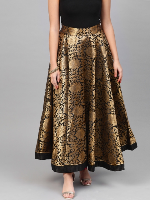 

WISHFUL by W Women Black & Golden Self-Design Flared Maxi Skirt
