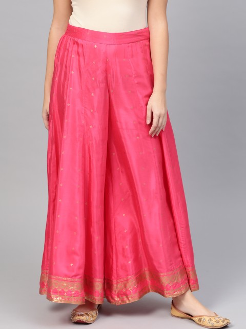 

W Women Pink & Golden Printed Flared Palazzos