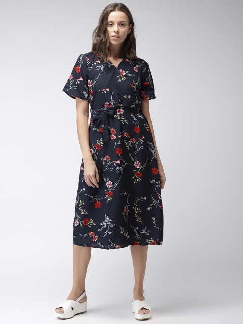 

Bossini Women Navy Floral Printed Fit and Flare Dress, Navy blue