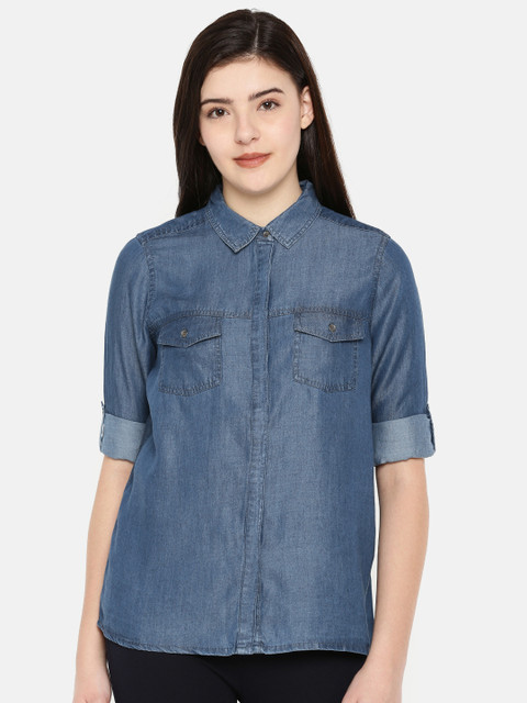 

Fame Forever by Lifestyle Women Blue Solid Chambray Shirt