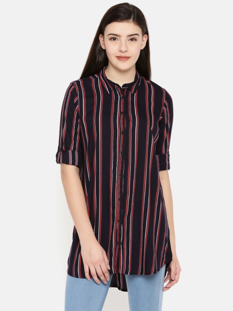

Fame Forever by Lifestyle Women Navy Blue Regular Fit Striped Longline Casual Shirt