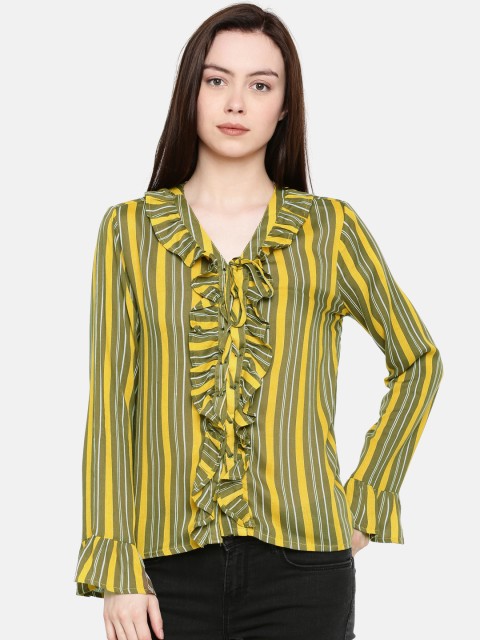 

Fame Forever by Lifestyle Women Olive Green & Yellow Striped Top