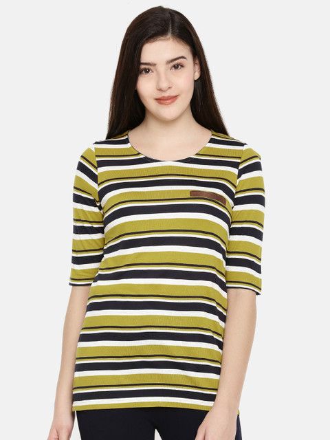 

Fame Forever by Lifestyle Women Green Striped Round Neck T-shirt