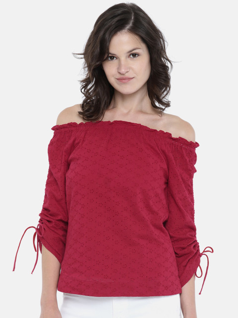

Fame Forever by Lifestyle Women Red Self Design Bardot Top