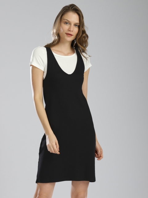 

Bossini Women Black & Off-White Solid Pinafore Dress