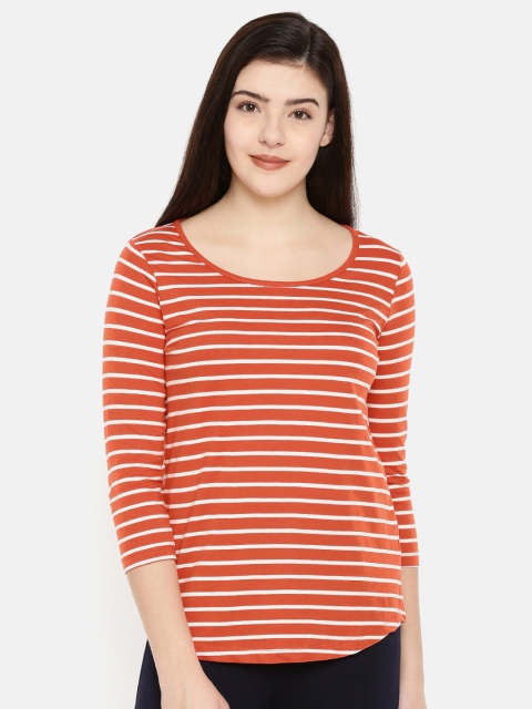 

Fame Forever by Lifestyle Women Rust Orange Striped Round Neck Pure Cotton T-shirt