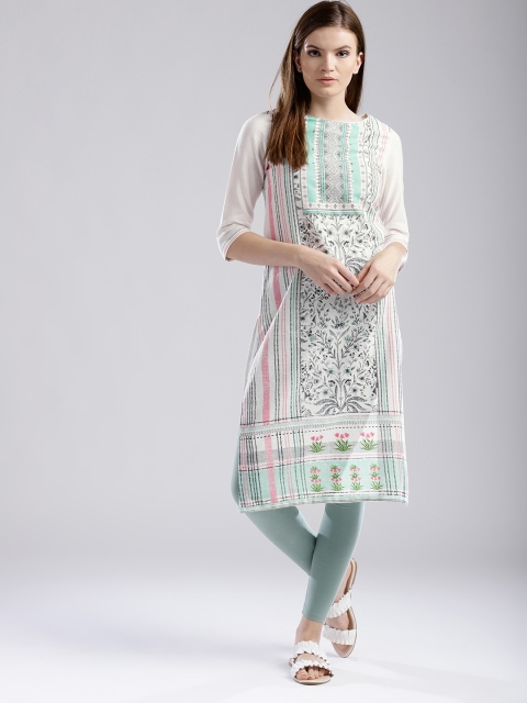 

W Women White & Black Printed Straight Kurta