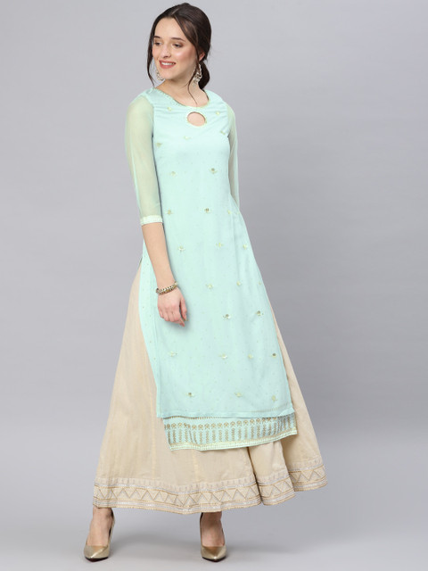 

W Blue Embellished A-Line Layered Sustainable Kurta