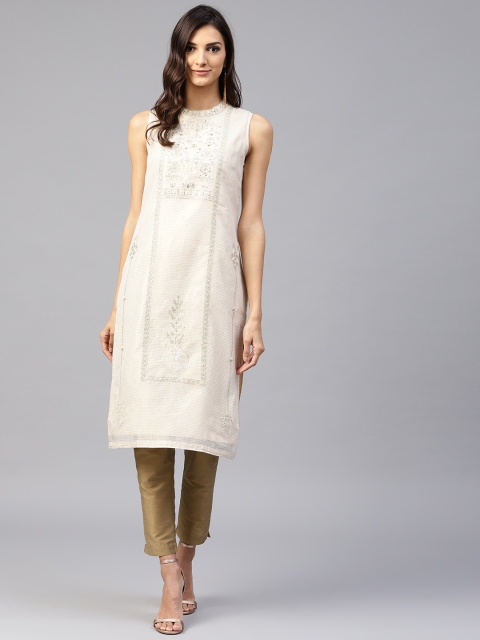 

W Women Beige & Golden Embroidered Straight Kurta