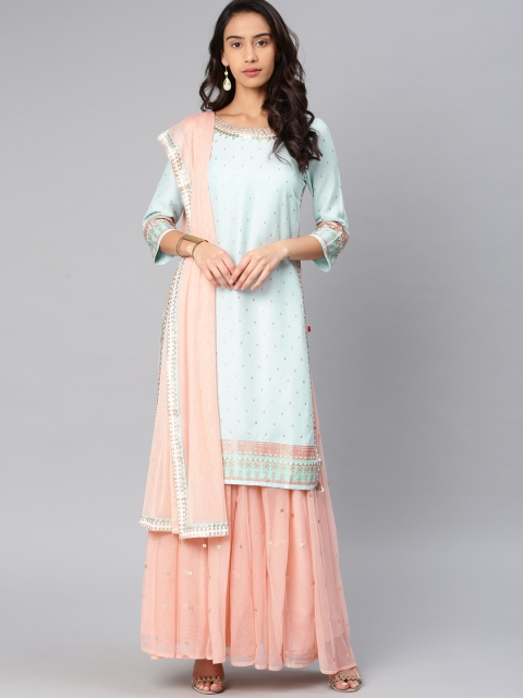 

W Women Blue & Peach-Coloured Printed Kurta with Skirt & Dupatta