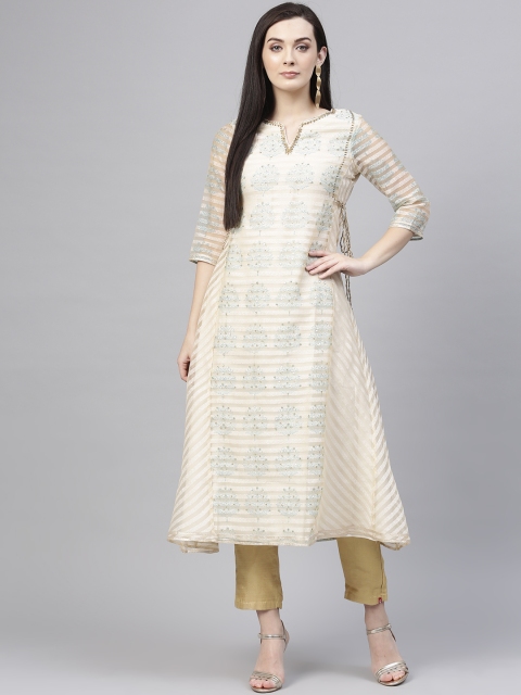 

W Women Off-White & Blue Striped A-Line Kurta