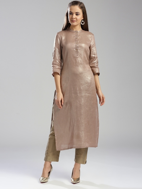 

W Women Brown Solid Linen Straight Kurta