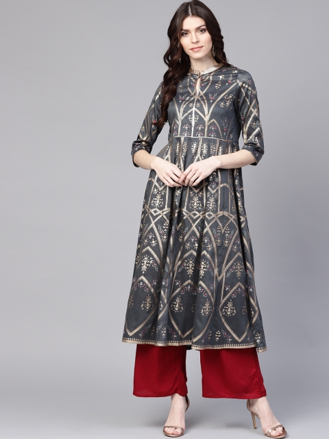 

W Women Grey & Golden Printed A-Line Kurta
