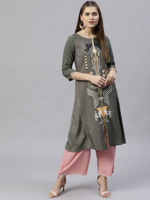 

W Women Grey Printed A-Line Kurta