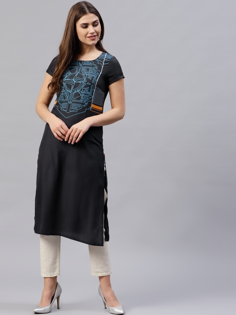 

W Women Charcoal Grey Printed Straight Kurta