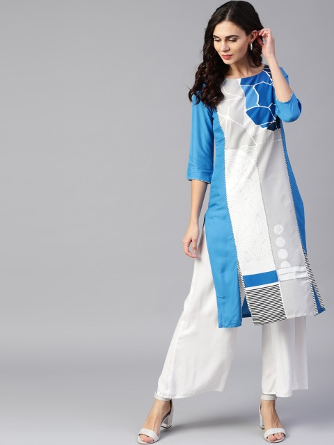 

W Women Blue & White Printed Straight Kurta