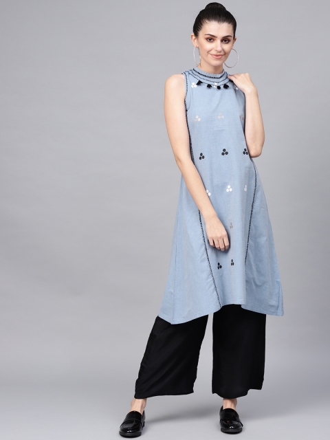 

W Women Blue & Black Printed A-Line Kurta