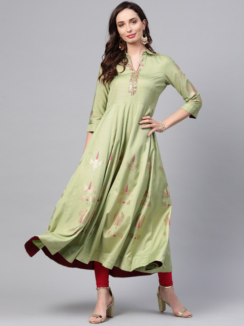 

W Women Green & Golden Printed Anarkali Kurta