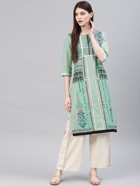 

W Women Green Printed Straight Kurta