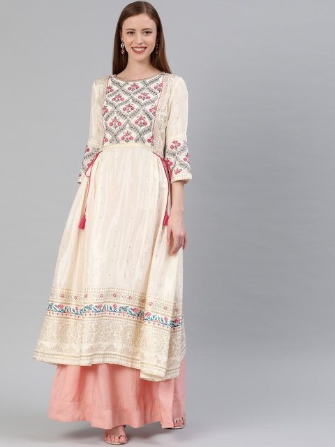

W Women Off-White & Gold Printed A-Line Kurta With Embroidered Detail