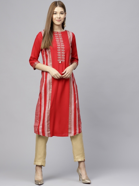 

W Women Red & Golden Printed Straight Sustainable Kurta