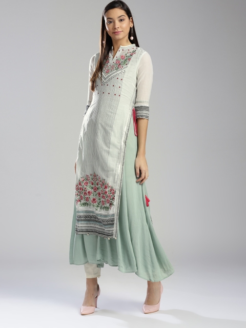 

W Women White & Green Printed Floral Print Layered Anarkali Kurta