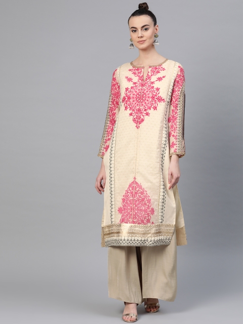 

Wishful by W Women Off-White & Pink Printed Straight Kurta