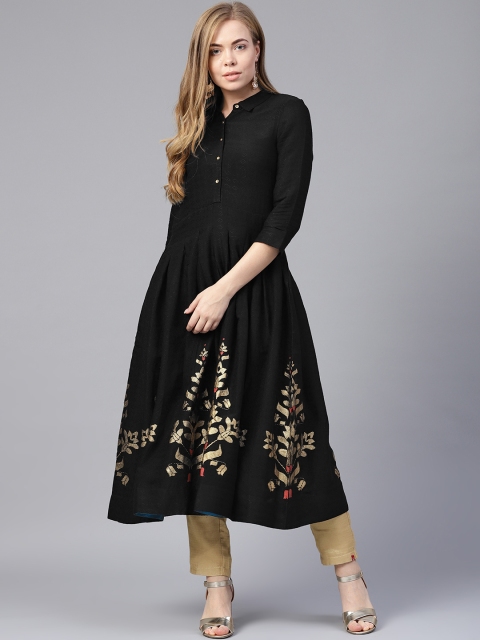 

W Women Black & Golden Woven Design A-Line Kurta