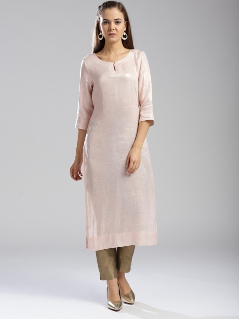 

W Women Pink & Golden Solid Linen Straight Kurta