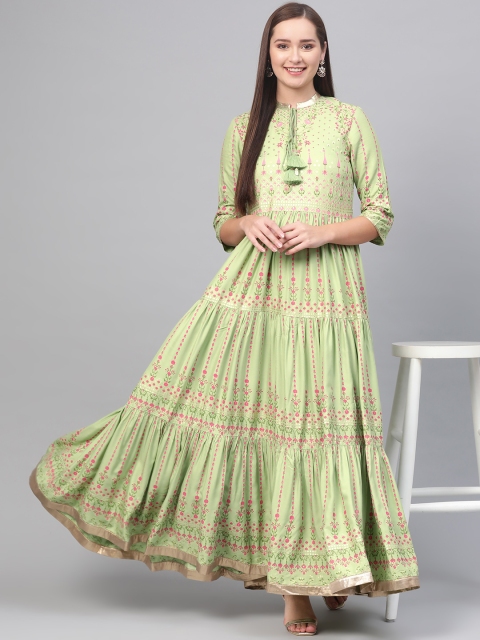 

W Women Green & Pink Printed Anarkali Kurta