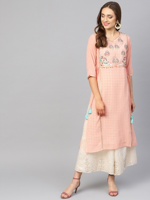 

WISHFUL by W Women Cream-Coloured & Green Printed Straight Kurta