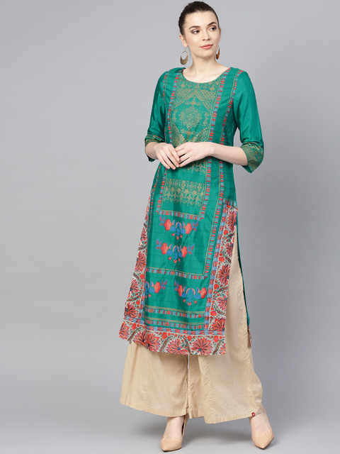 

W Women Green & Golden Printed Straight Kurta