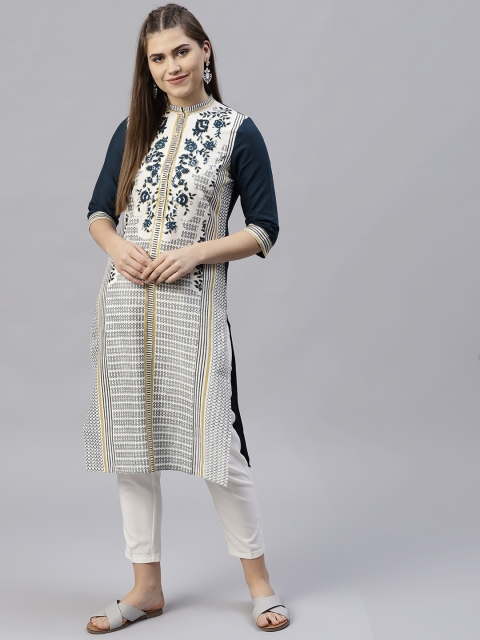 

W Women White & Navy Blue Printed Straight Kurta