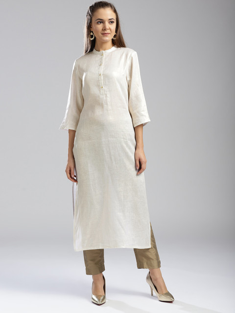 

W Women White & Golden Solid Linen Straight Kurta