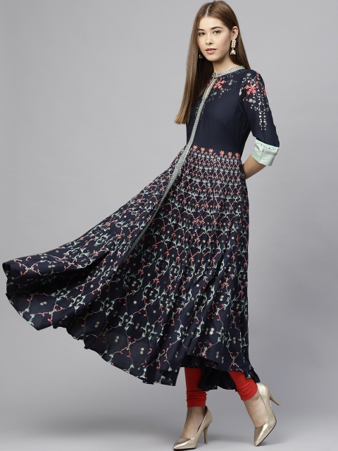 

W Women Navy Blue & Golden Printed Anarkali Kurta