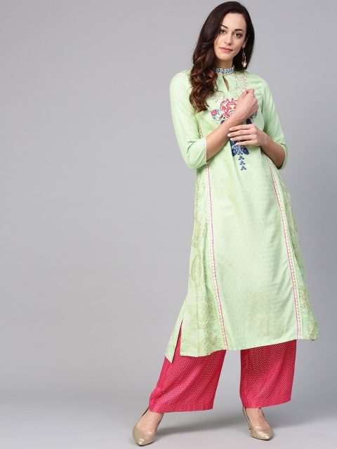 

W Women Green & Golden Printed A-Line Sustainable Kurta