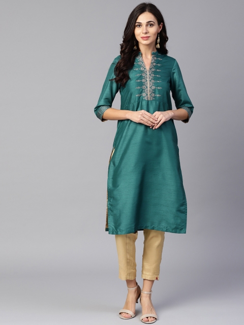 

W Women Teal Green Yoke Design Straight Kurta