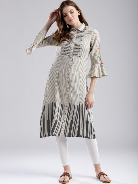 

W Women Off-White & Black Woven Design A-Line Kurta