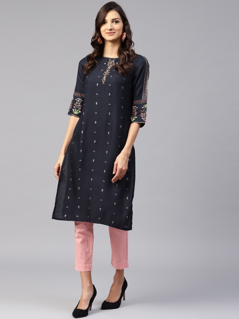 

W Women Navy Blue Printed Straight Kurta