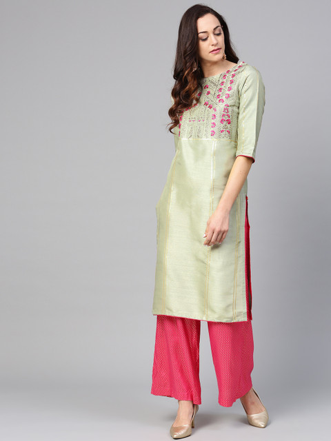 

W Women Green& Pink Yoke Design Straight Kurta