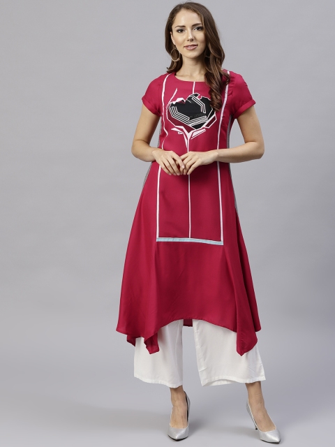 

W Women Red Printed Asymmetric A-Line Kurta